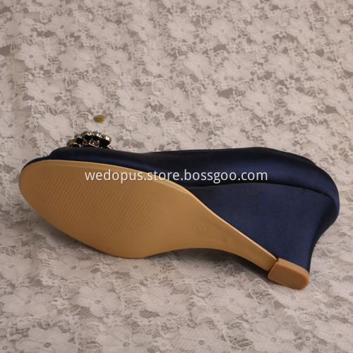 Navy 3" Heel Wedding Shoe Wedge Heel with Brooch